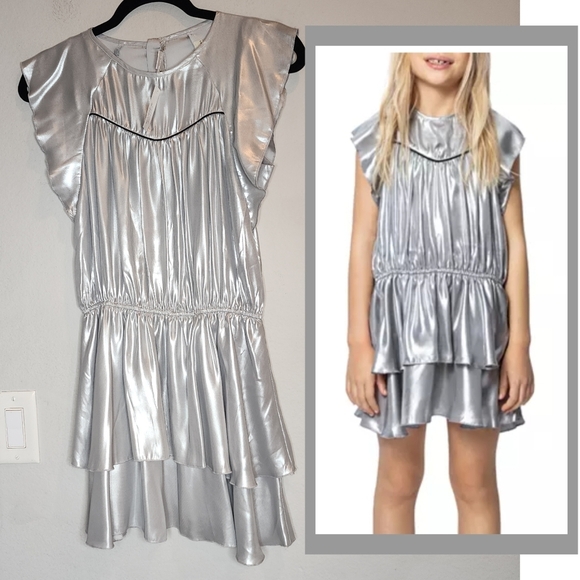 NWT Zadig & Voltaire Girls' Size 14 Freja Silver Metallic Dress Stretch Waist - Picture 1 of 16